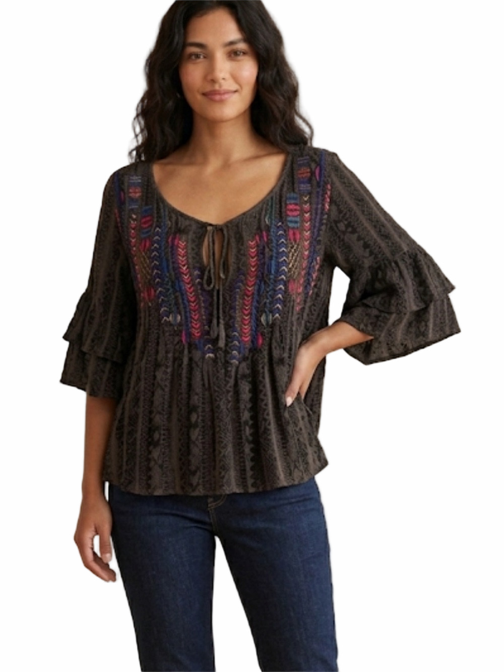 Ecote Black Blouse with Colorful Embroidery Women’s Medium